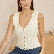 Yumi Beige V Neck Button Down Crochet Knitted Top