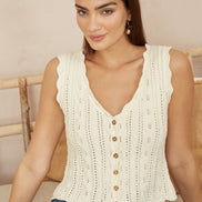 Yumi Beige V Neck Button Down Crochet Knitted Top