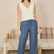 Yumi Beige V Neck Button Down Crochet Knitted Top