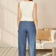 Yumi Beige V Neck Button Down Crochet Knitted Top