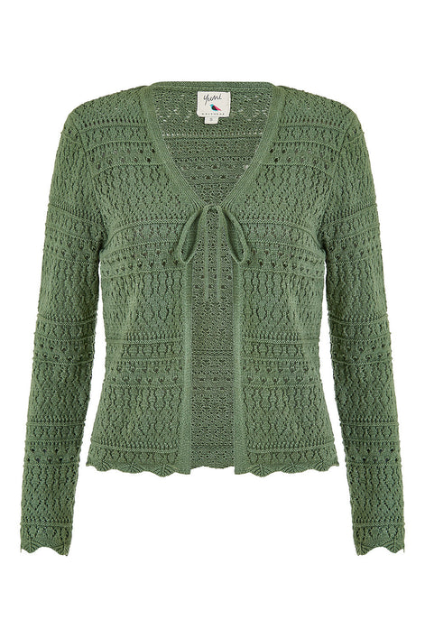 Yumi Green Crochet Tie Front Cardigan