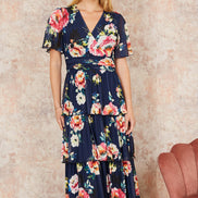 Yumi Navy Floral Mesh Tiered Maxi Dress