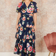 Yumi Navy Floral Mesh Tiered Maxi Dress