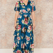 Yumi Green Floral Mesh Tiered Maxi Dress