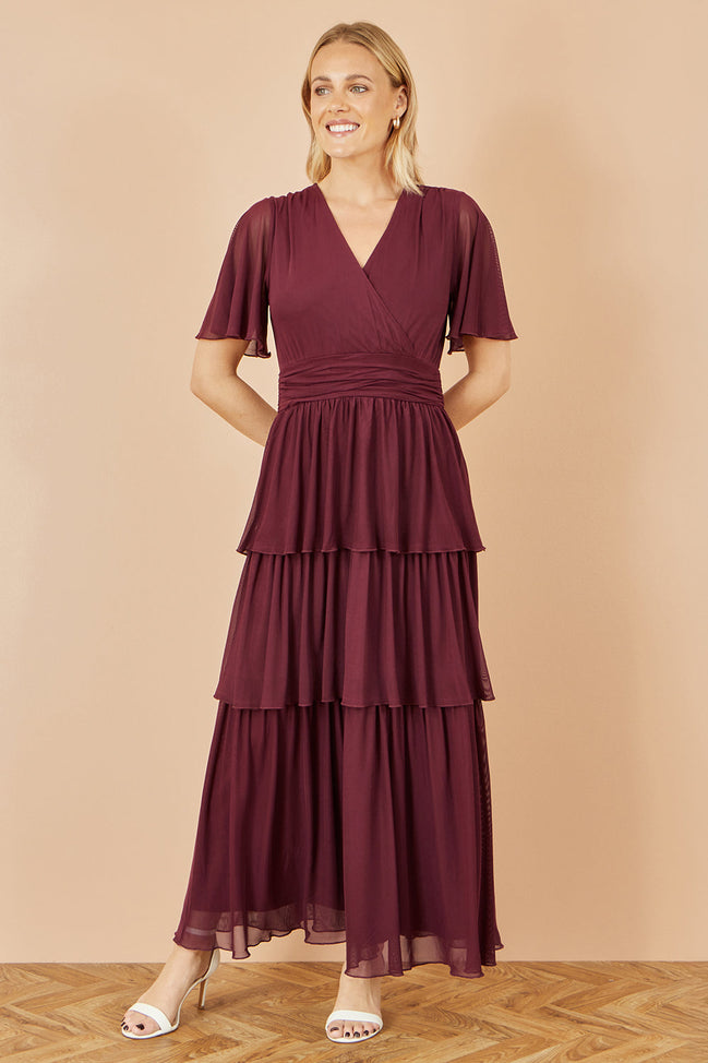 Yumi Burgundy Mesh Tiered Maxi Dress