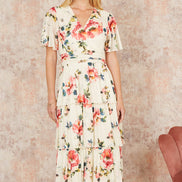 Yumi Ivory Floral Mesh Tiered Maxi Dress