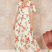 Yumi Ivory Floral Mesh Tiered Maxi Dress