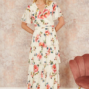 Yumi Ivory Floral Mesh Tiered Maxi Dress