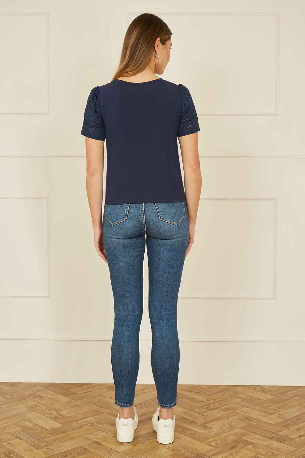 Yumi Navy Jersey Button Detail T-Shirt with Broderie Anglaise Sleeves and Tie Front