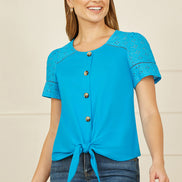 Yumi Blue Jersey Button Detail T-Shirt with Broderie Anglaise Sleeves and Tie Front