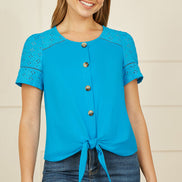Yumi Blue Jersey Button Detail T-Shirt with Broderie Anglaise Sleeves and Tie Front