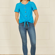 Yumi Blue Jersey Button Detail T-Shirt with Broderie Anglaise Sleeves and Tie Front
