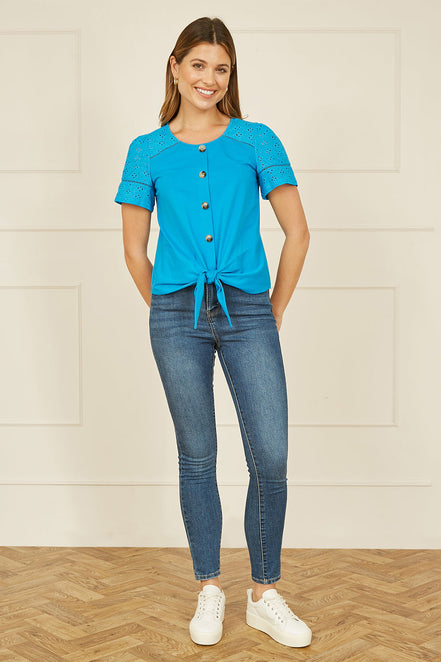 Yumi Blue Jersey Button Detail T-Shirt with Broderie Anglaise Sleeves and Tie Front