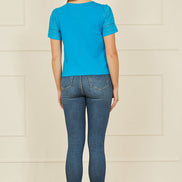 Yumi Blue Jersey Button Detail T-Shirt with Broderie Anglaise Sleeves and Tie Front
