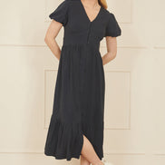 Yumi Navy Viscose Button Through Midi Dress