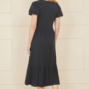 Yumi Navy Viscose Button Through Midi Dress