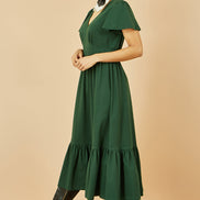 Yumi Green Cotton Jersey V Neck Midi Dress