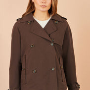 Yumi Brown Cropped Trench Coat With Check Lining
