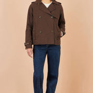 Yumi Brown Cropped Trench Coat With Check Lining