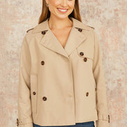 Yumi Beige Cropped Trench Jacket with Pockets and Check Lining