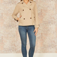 Yumi Beige Cropped Trench Jacket with Pockets and Check Lining