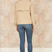 Yumi Beige Cropped Trench Jacket with Pockets and Check Lining