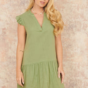 Yumi Green Double Cotton Tunic with Frill Sleeves