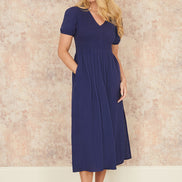 Yumi Navy Double Cotton Ruched Midi Dress