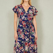 Yumi Blue Floral Wrap Midi Dress with Frill Hem