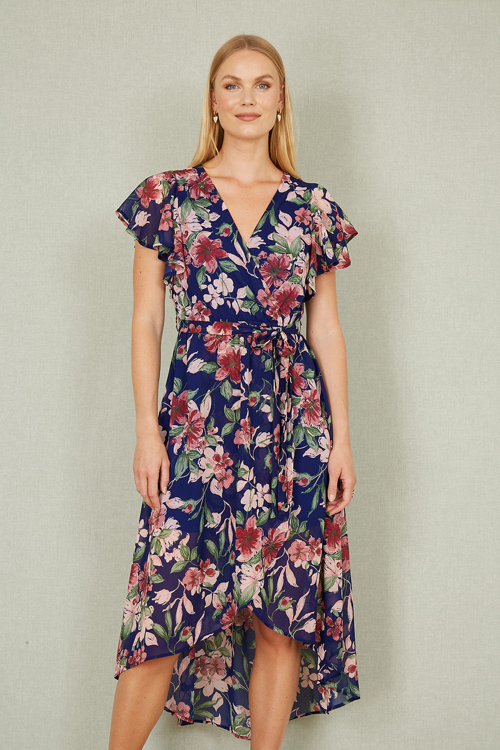 Yumi Blue Floral Wrap Midi Dress with Frill Hem