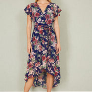Yumi Blue Floral Wrap Midi Dress with Frill Hem