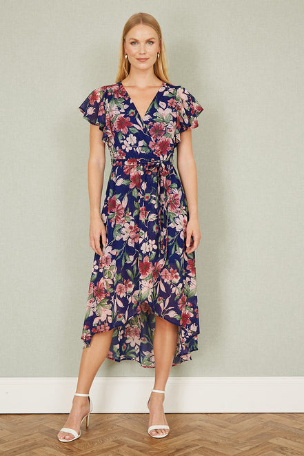 Yumi Blue Floral Wrap Midi Dress with Frill Hem