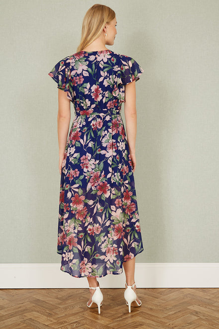 Yumi Blue Floral Wrap Midi Dress with Frill Hem