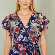 Yumi Blue Floral Wrap Midi Dress with Frill Hem