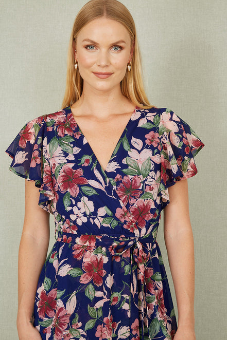 Yumi Blue Floral Wrap Midi Dress with Frill Hem