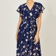 Yumi Navy Floral Wrap Midi Dress with Frill Hem