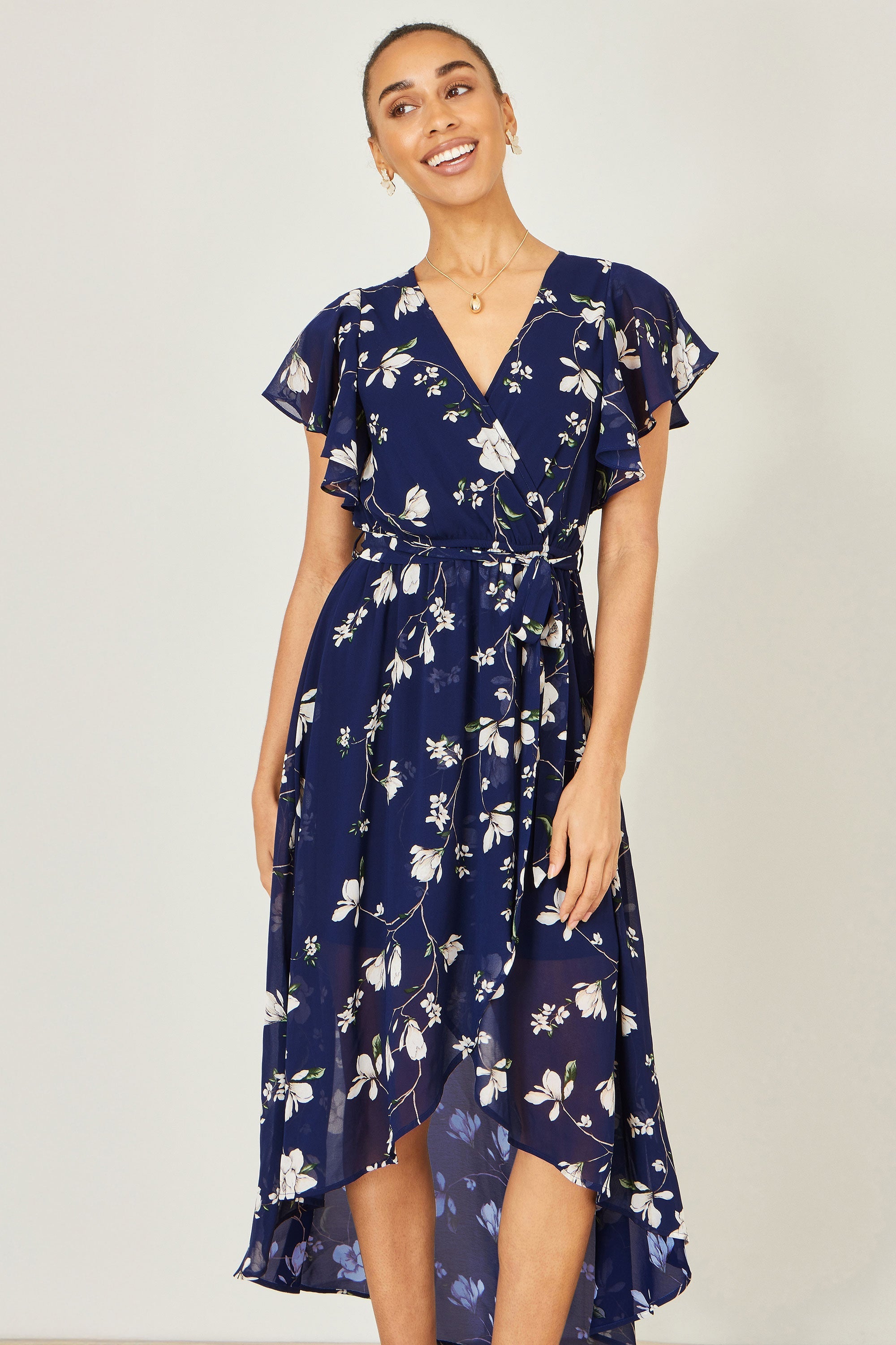 Yumi Navy Floral Wrap Midi Dress with Frill Hem