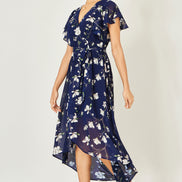 Yumi Navy Floral Wrap Midi Dress with Frill Hem
