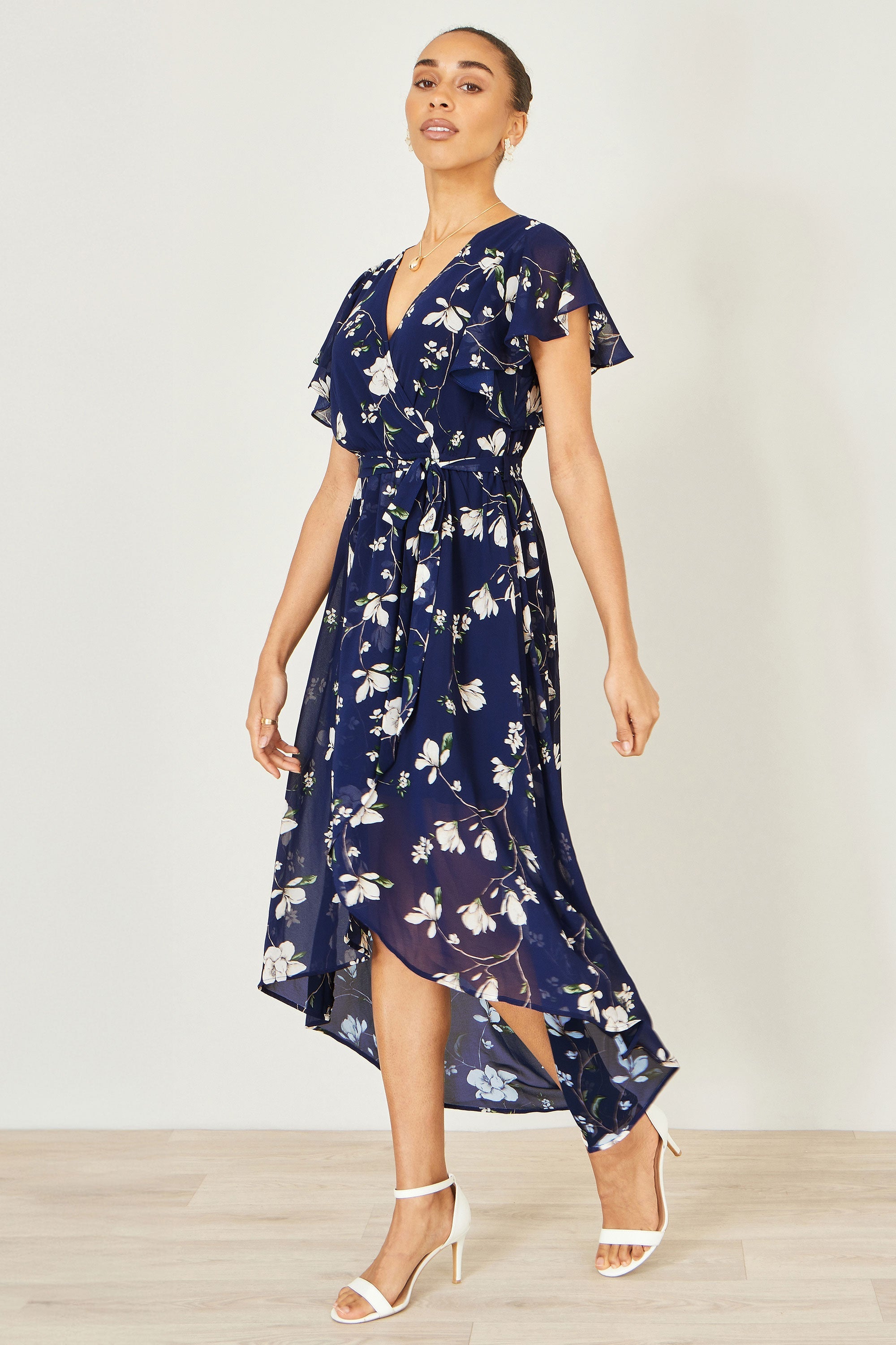 Yumi Navy Floral Wrap Midi Dress with Frill Hem