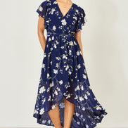 Yumi Navy Floral Wrap Midi Dress with Frill Hem