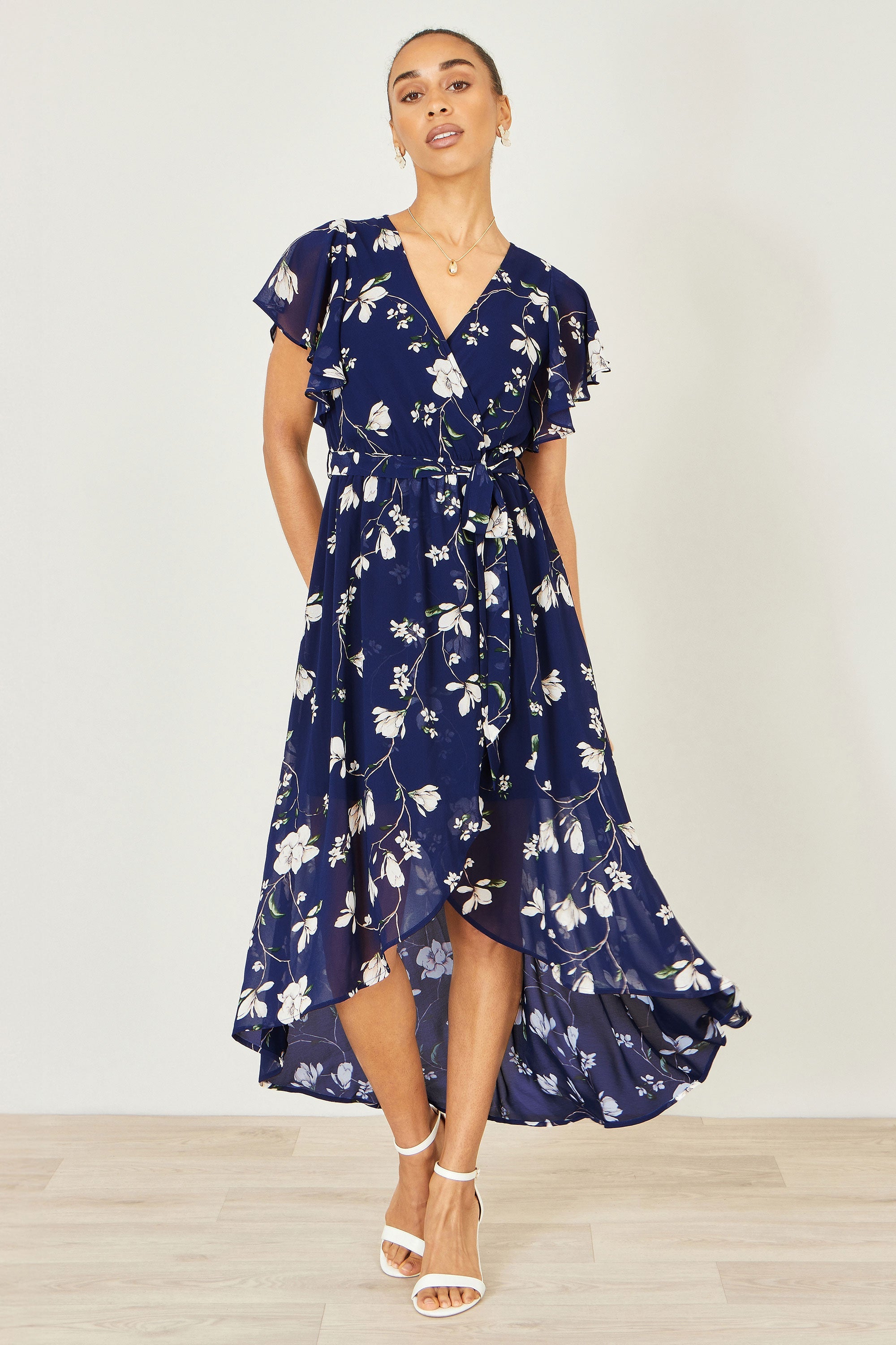 Yumi Navy Floral Wrap Midi Dress with Frill Hem