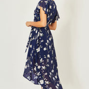 Yumi Navy Floral Wrap Midi Dress with Frill Hem