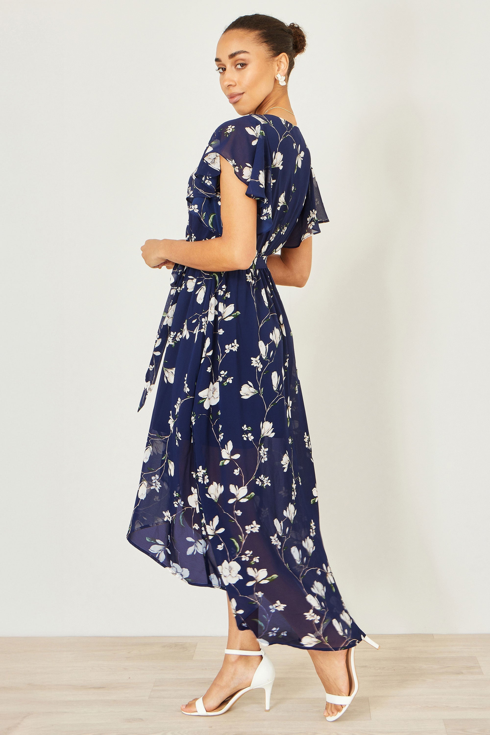 Yumi Navy Floral Wrap Midi Dress with Frill Hem