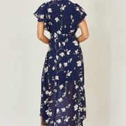 Yumi Navy Floral Wrap Midi Dress with Frill Hem