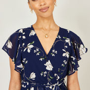 Yumi Navy Floral Wrap Midi Dress with Frill Hem