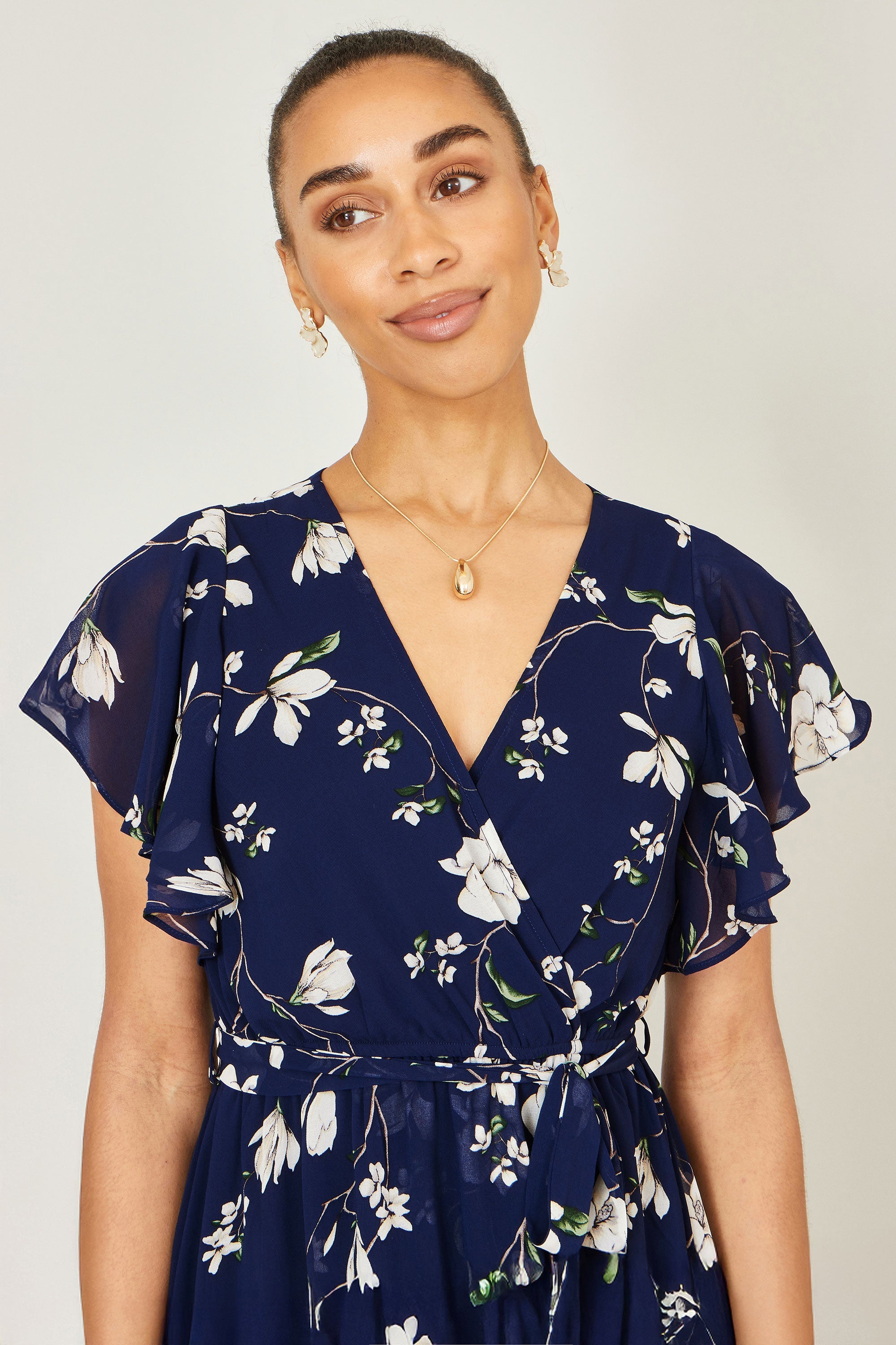 Yumi Navy Floral Wrap Midi Dress with Frill Hem
