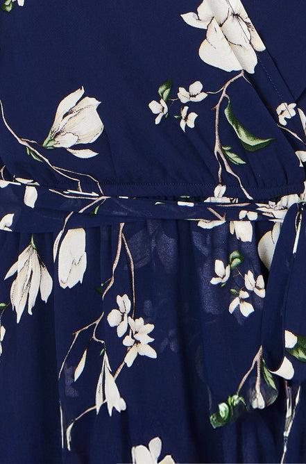 Yumi Navy Floral Wrap Midi Dress with Frill Hem