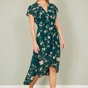 Yumi Green Floral Wrap Midi Dress with Frill Hem