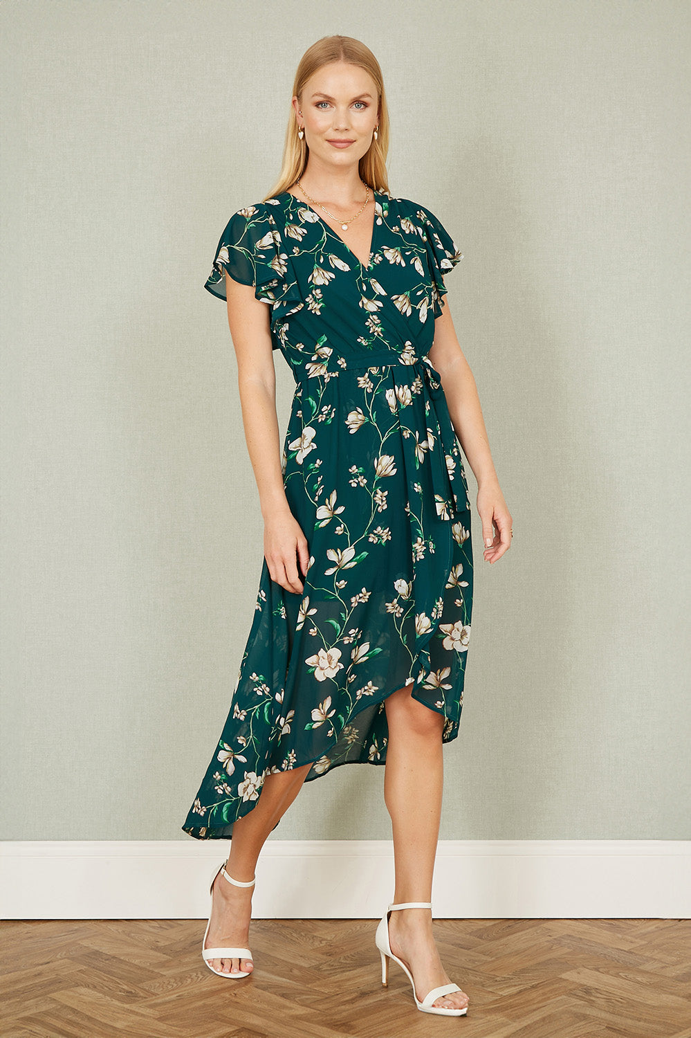 Yumi Green Floral Wrap Midi Dress with Frill Hem