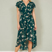 Yumi Green Floral Wrap Midi Dress with Frill Hem